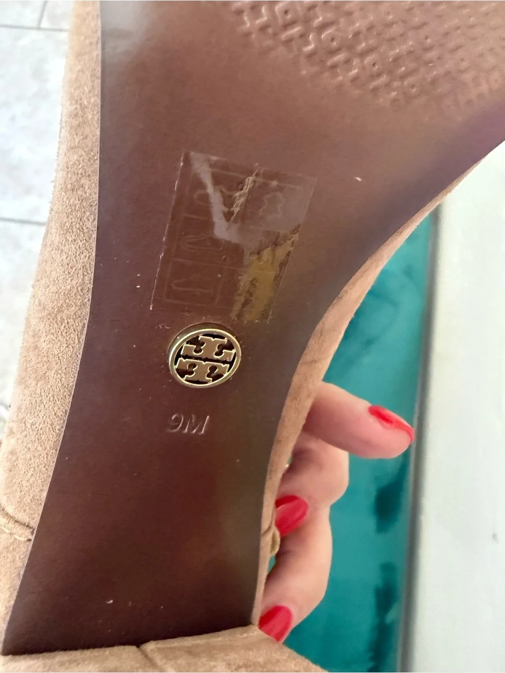 Tory Burch Colt Women’s Suede Block Heel Pumps in light brown with Stud Detail